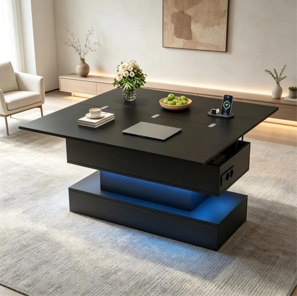 Tavolino da caffè elevabile 100 x 50 x 51;5 cm in pannello truciolare nero con LED e presa integrata