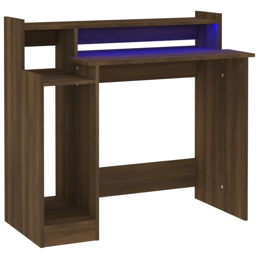 Scrivania tavolo postazione di lavoro mobile per computer studio e luci a LED rovere marrone 97 x 45 x 90 cm legno ingegnerizzato marrone 02_0023781