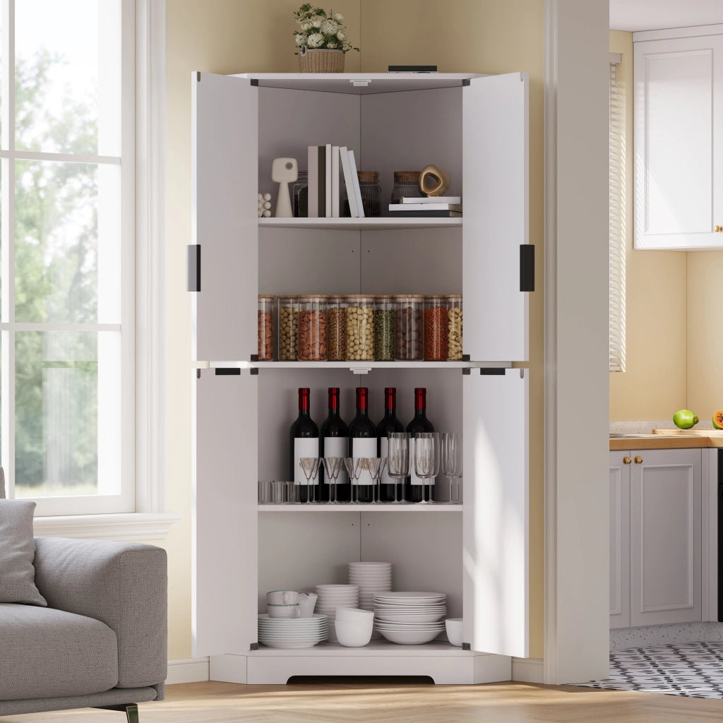 Armadio angolare con ripiani regolabili e ante scanalate; 60 x 60 x 172 cm; MDF bianco