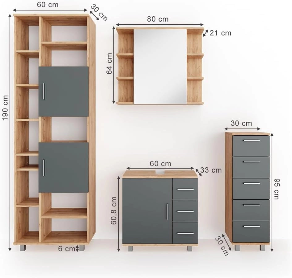 Set mobili bagno Ilias, Rovere, 60 cm, composto da mobile lavabo, pensile a specchio, colonna e base media