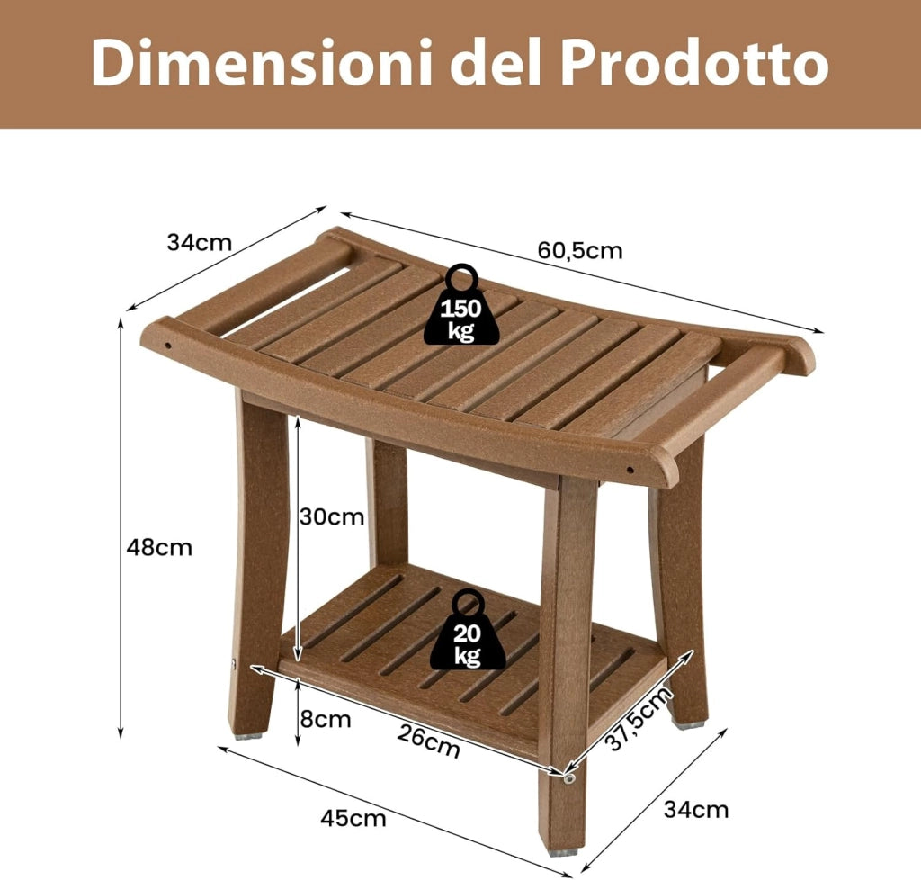 Sgabello da Doccia, Sgabello da Bagno Impermeabile con Sedile Curvo, con Portasciugamani e Piedini Antiscivoli, Panca Versatile con Ripiano, 60,5 x 34 x 48 cm (Marrone)