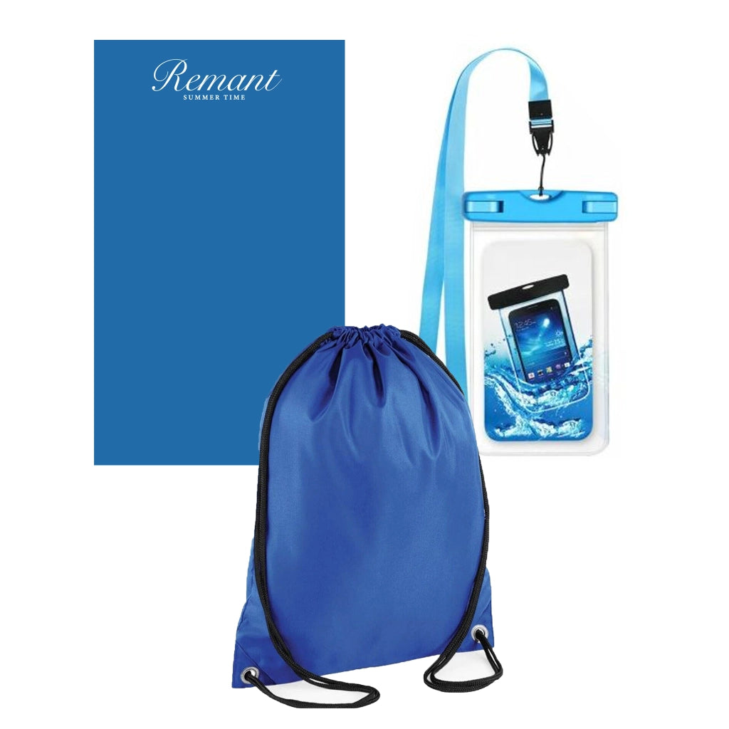 Set Mare 3 Pezzi con Telo Lettino 90x170 cm, Cover Subacquea Impermeabile per Smartphone e Sacca Zaino 33x40 cm – Kit Spiaggia Piscina Vacanze, Fantasie Assortite - IDEA REGALO