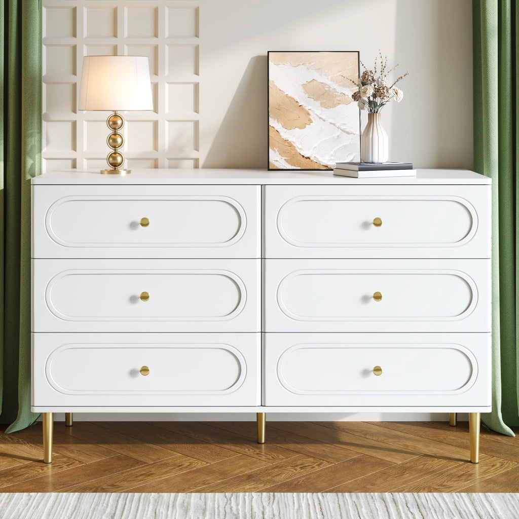 Credenza con 6 cassetti e dettagli ovali, piedi in metallo, per soggiorno e ingresso, bianco, 120 × 40 × 75 cm