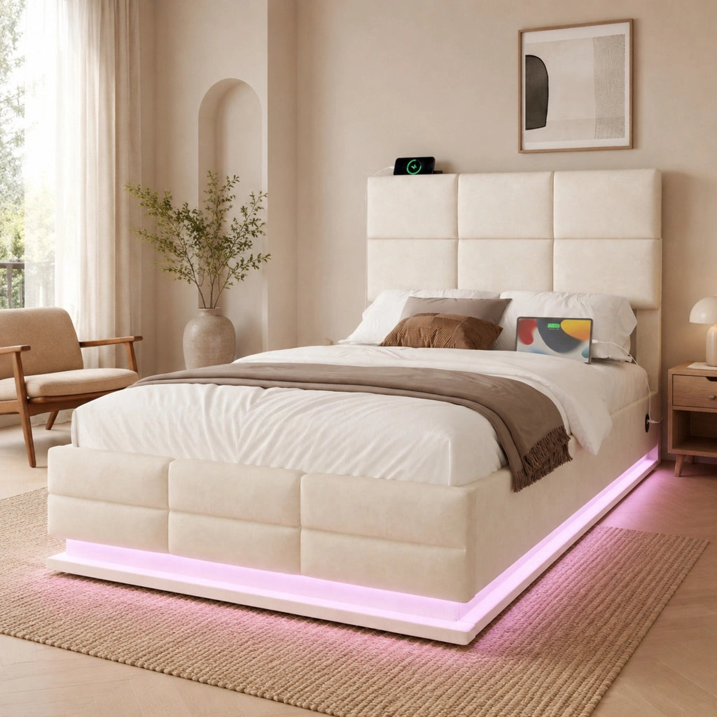 LETTO 90x200 cm in velluto beige con testiera regolabile e LED, senza materasso