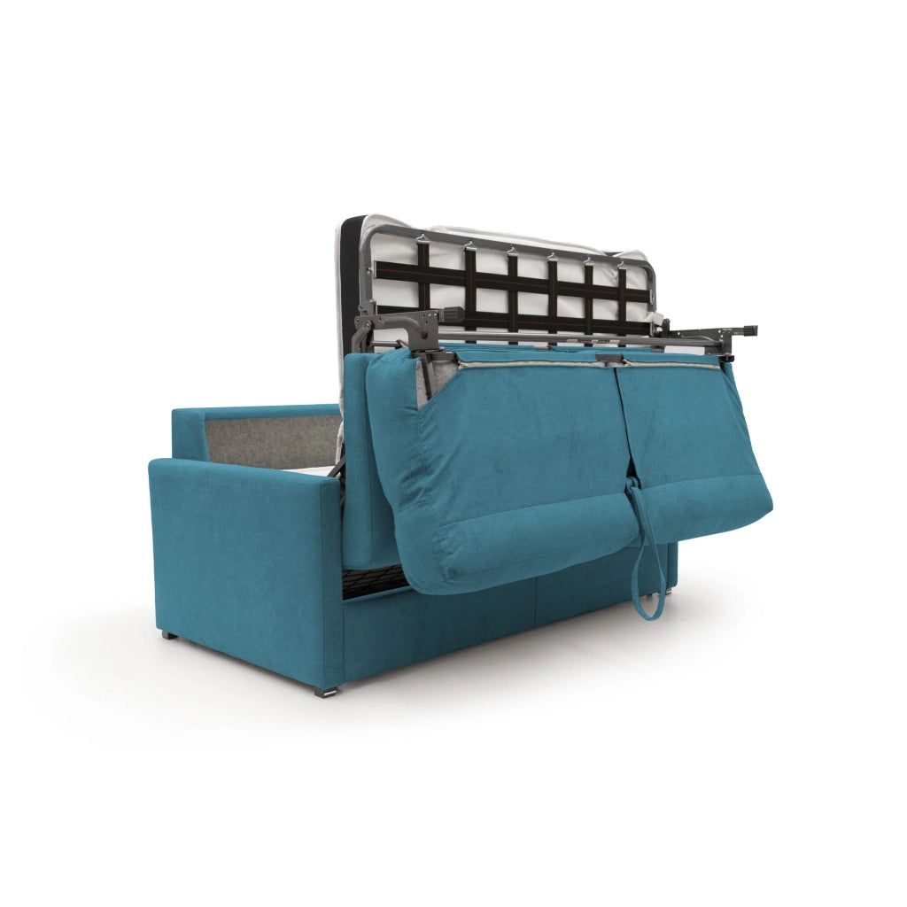 Margot Divano letto matrimoniale con schienale morbido alto in tessuto T02 156 cm (mat.120x197) azzurro