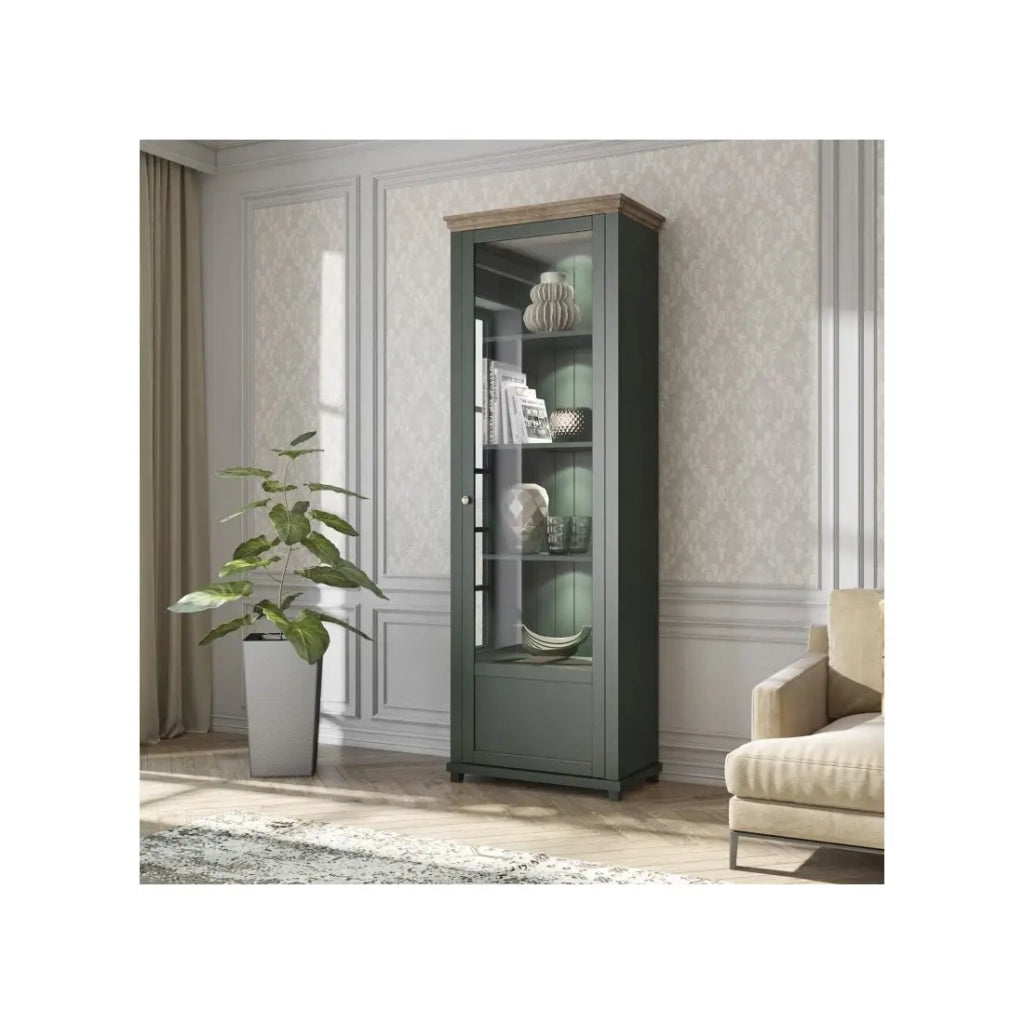 Vetrina con 1 porta e LED integrati, collezione ASSIA. Colori verde e rovere. Apertura a destra.