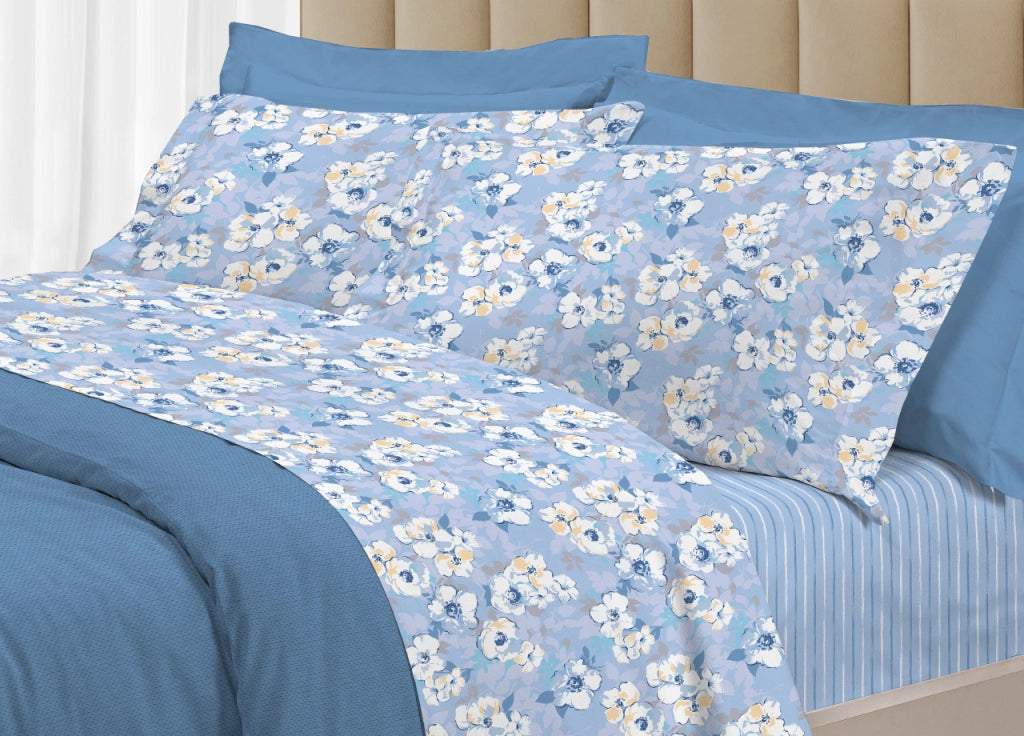 Completo Lenzuola Letto 100% Cotone Italy 3027 Disegno Indie - Piazza E Mezza - Azzurro