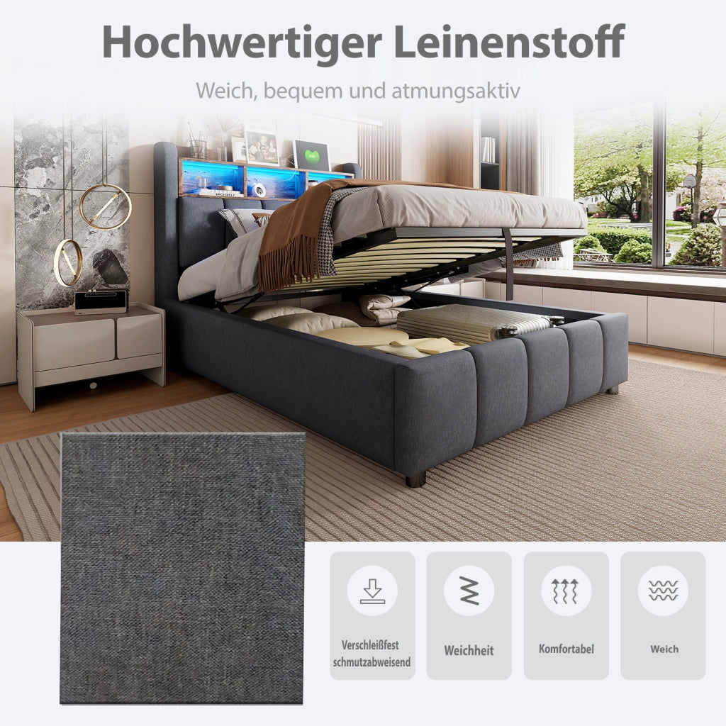 Letto imbottito singolo 90×200 cm con LED; USB; Type-C e contenitore sollevabile; senza materasso; grigio