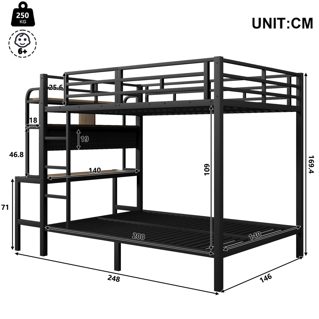 Letto a castello 140x200 cm con scrivania; LED e USB in metallo e MDF