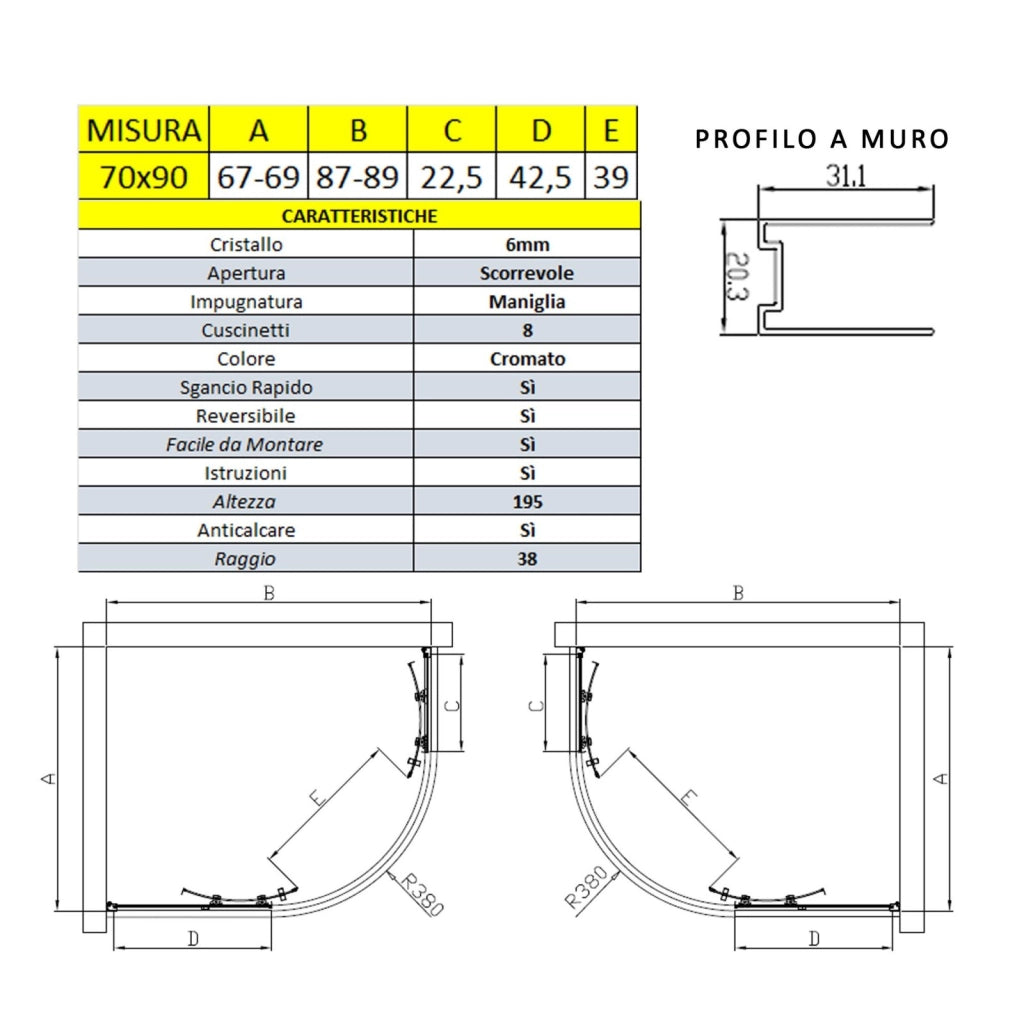 Box doccia semicircolare scorrevole 70x90 , trasparente 6mm h195 cm Netana