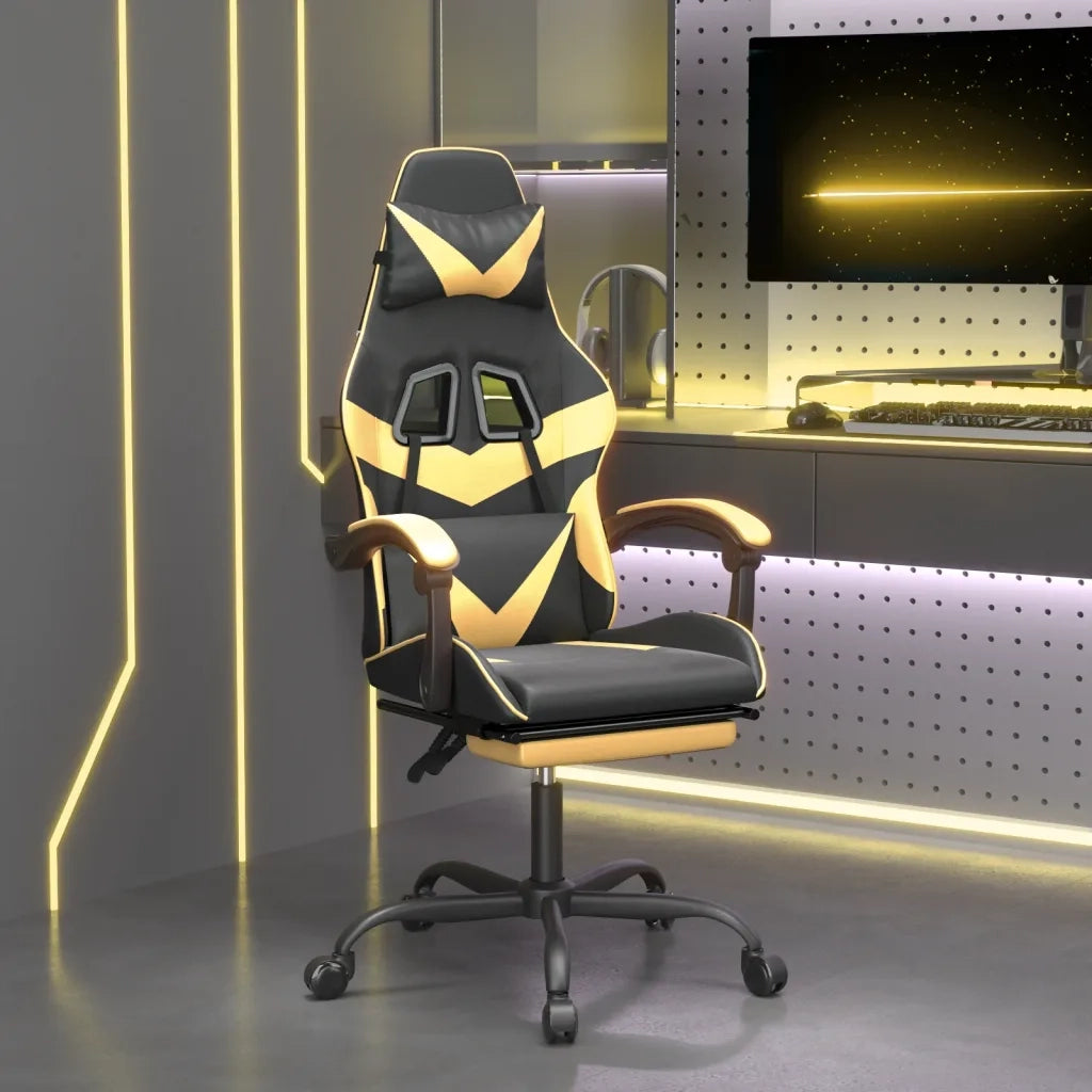 Sedia da Gaming Girevole con Poggiapiedi Nero e Oro Similpelle cod mxl 77253