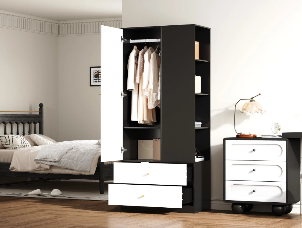 Armadio bianco e nero con specchio, 1 anta, 2 cassetti e 4 ripiani, 80x40x180 cm