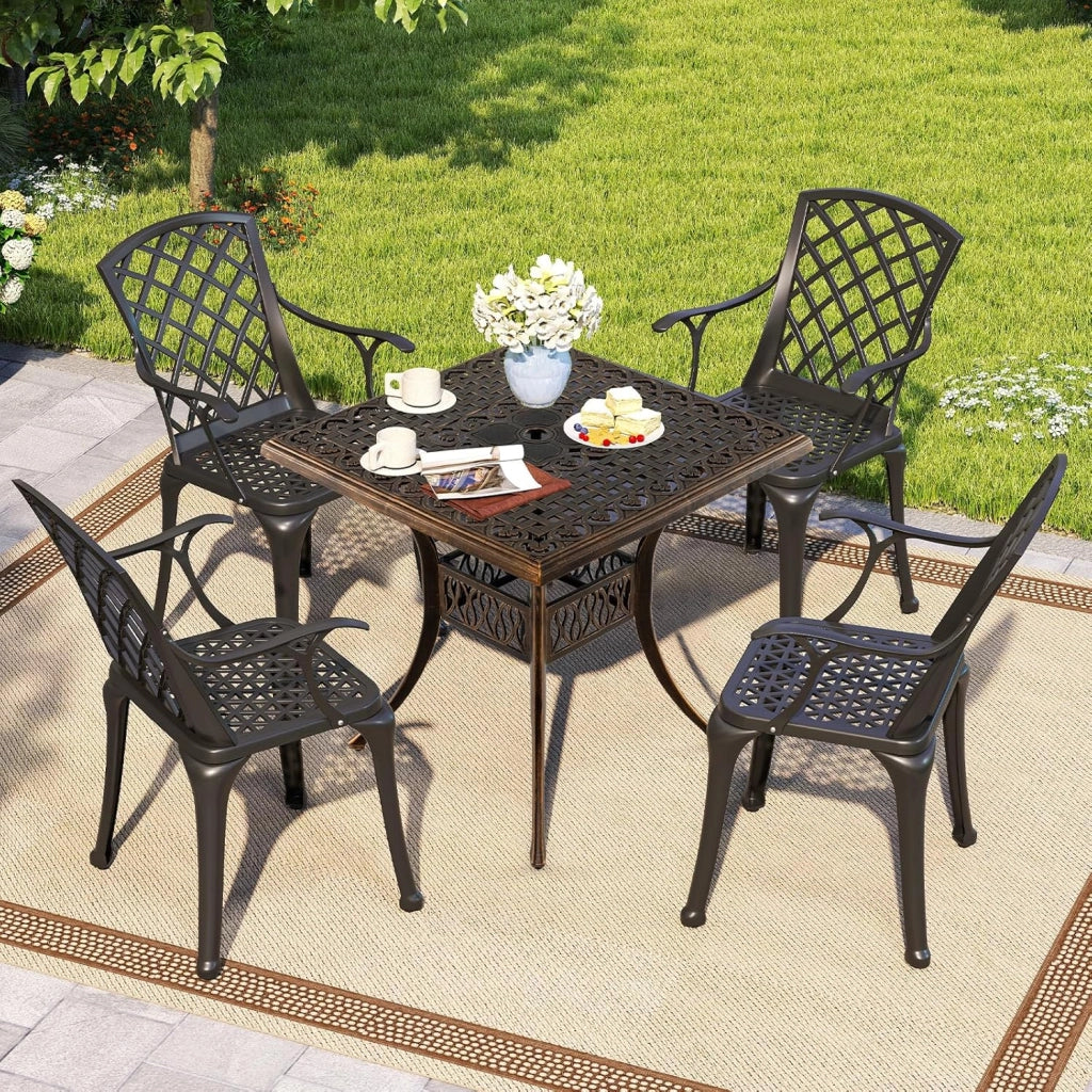 Tavolo da giardino quadrato con foro di 4,8 cm, tavolo da balcone con piedini regolabili, tavolo da bistrot in alluminio pressofuso, tavolo da pranzo per balcone, terrazza, giardino, 80 x 80