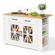 Isola da Cucina Mobile 120x40/65x92 cm con Piano Ribaltabile; 2 Prese; 2 USB; Ante in Vetro e Ruote