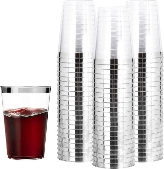 Bicchieri in plastica con bordo argentato da 360 ml - 50 pezzi bicchieri riciclabili - bicchieri eleganti per champagne, birra, cocktail, martini, frutta e dessert - 105 x 75 cm