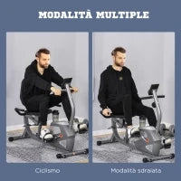 Cyclette Orizzontale con Seduta Regolabile, 8 Resistenze e Monitor LCD, 121.5-136x62.5x98cm, Grigio