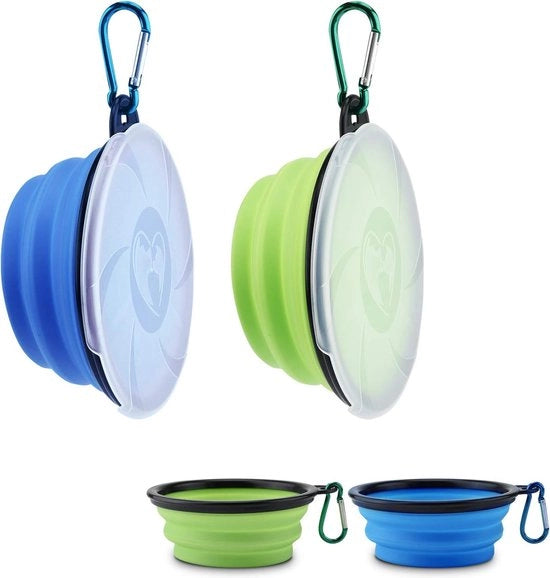 Set di 2 ciotole pieghevoli per cani, ciotola da viaggio per animali domestici con coperchio e gancio, ciotola in silicone portatile per cani, ciotola da viaggio per cani per viaggi, passeggiate, kennel, campeggio (450 ml, blu e verde)
