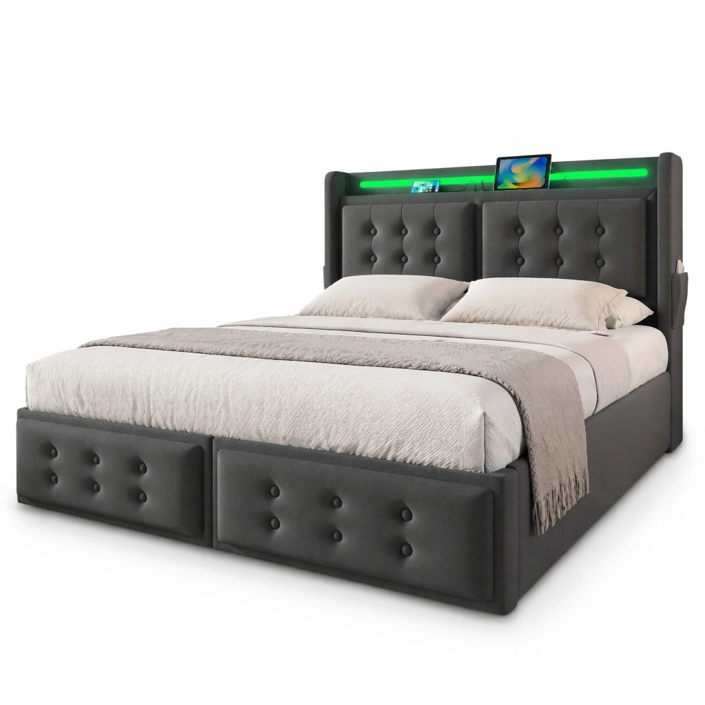 Letto matrimoniale 160x200 cm con contenitore; testiera con prese e USB; LED; grigio