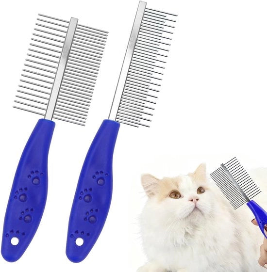 Doppio Kam per Animali Domestici - Doppio Faccia - Acciaio Inossidabile - Kam a Velo per Cane/Gatto - 2 Pezzi - Denti Rondati