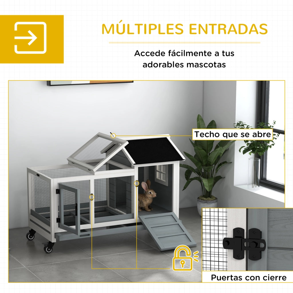 Gabbia per Conigli con Ruote ¨C Xylo ¨C Tetto Apribile e Vassoio Estraibile 108x58x73,5 cm Grigio