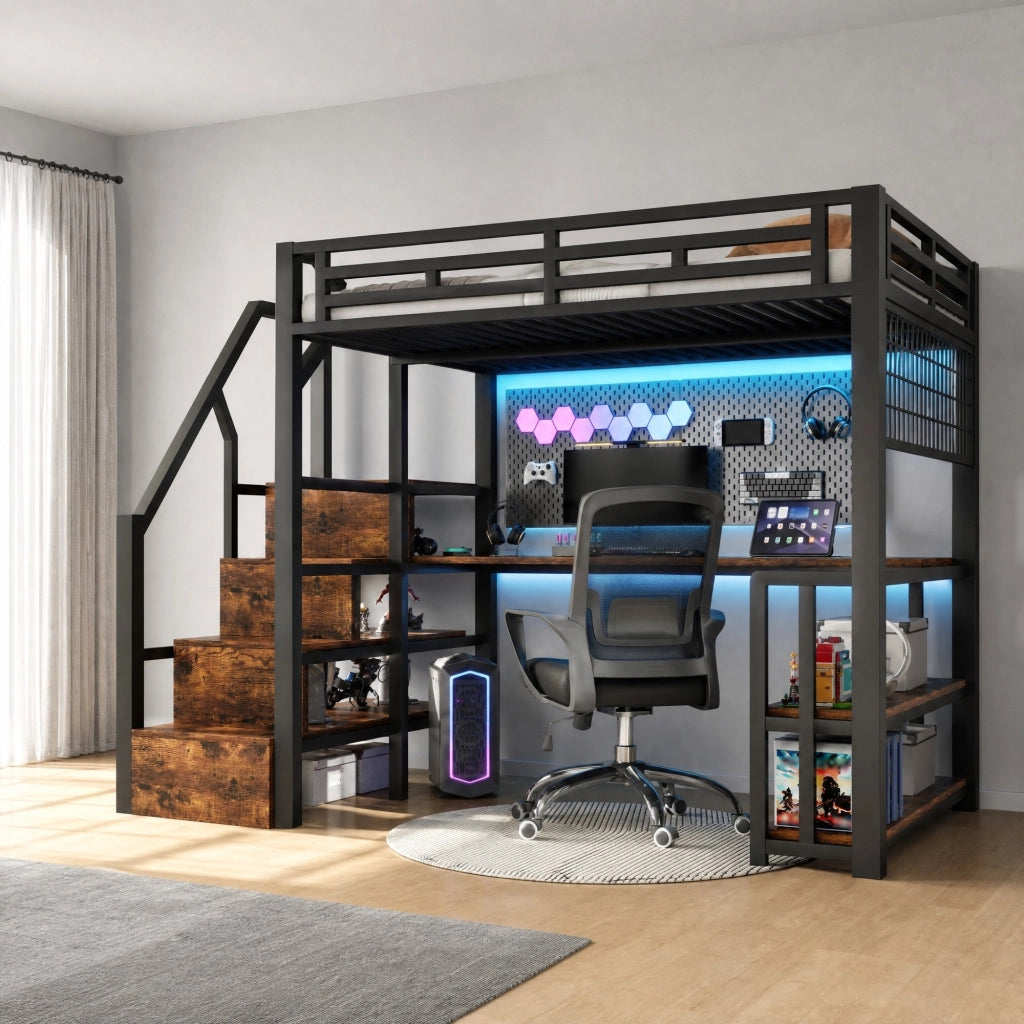 DESMIU Letto a soppalco 140 × 200 cm 2 posti con scrivania, LED regolabile, USB, Type-C e scaffale, senza materasso