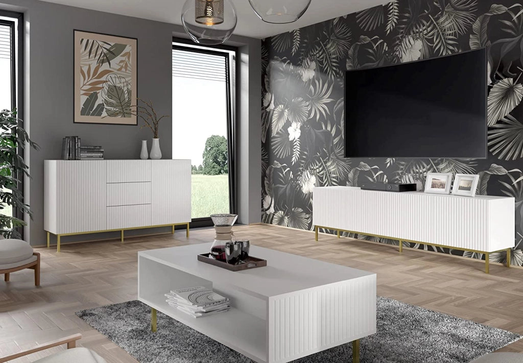 MOBILE CASSETTIERA SOGGIORNO S. RAVENNA cm149x41x86h BIANCO OPACO PIEDINI DORATI