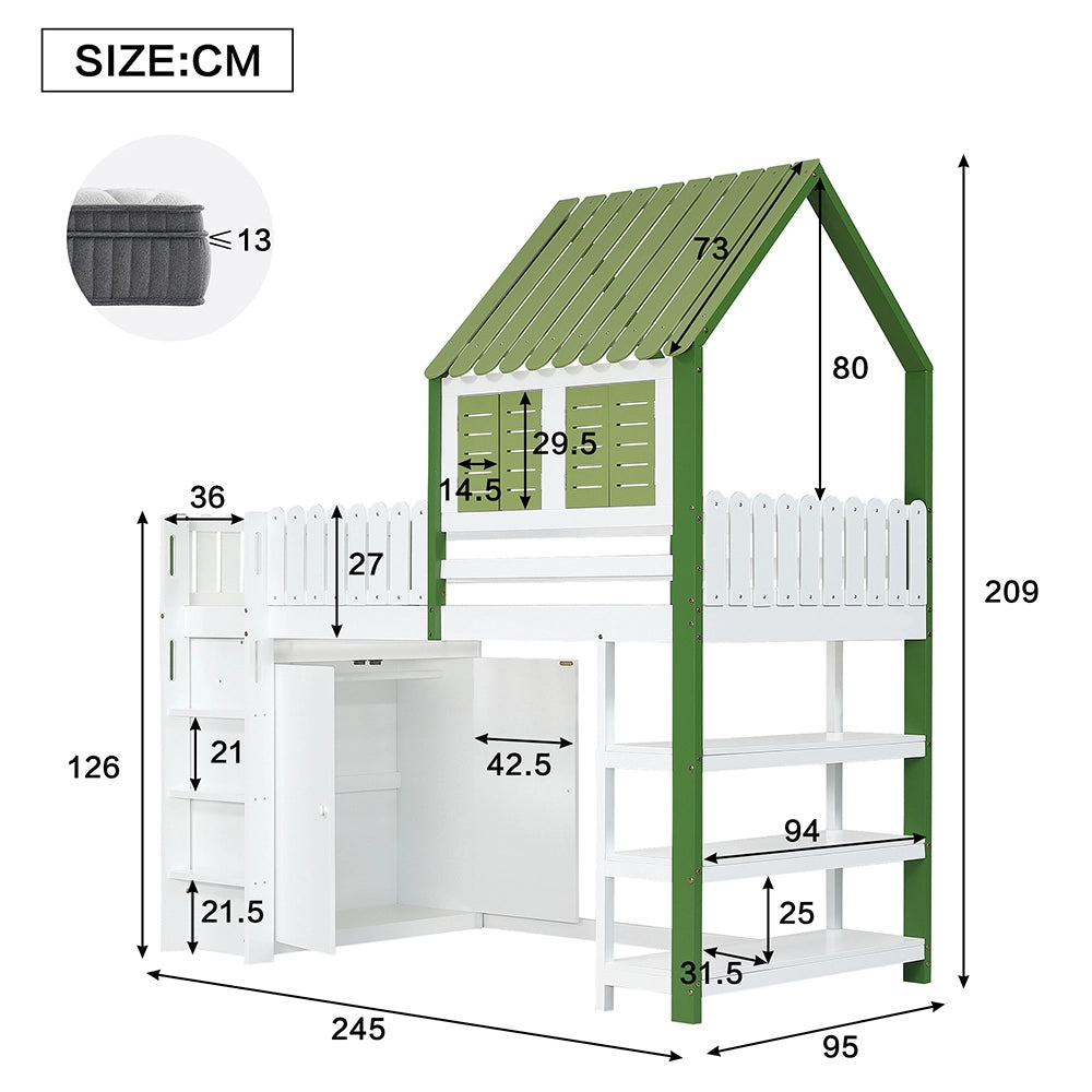 Letto a soppalco bambini - Xylo - 90x200 cm armadio pino verde