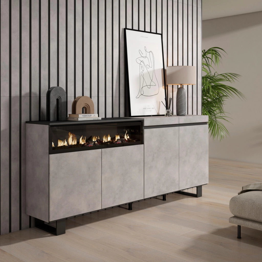 Credenza, Mobile, 200x35x87cm, 4 Porte, Camino elettrico, Design industriale, grigio cemento RF2370