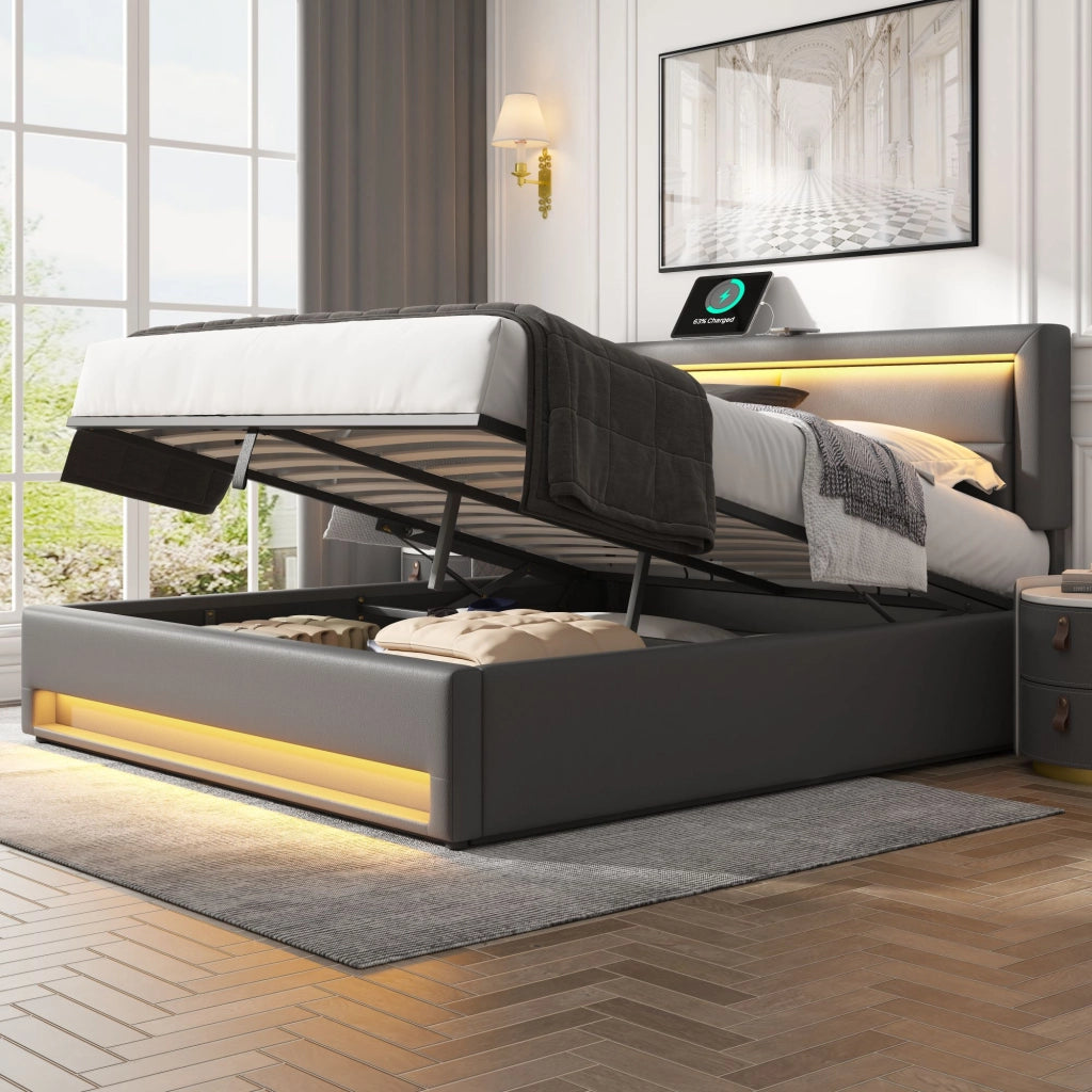 OKWISH Letto Matrimoniale 160×200 cm con Porte USB, Ricarica Wireless, LED Regolabile e Vano Contenitore, senza Materasso, in PU, Grigio
