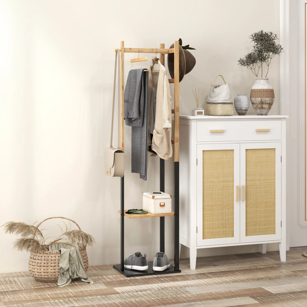 Appendiabiti a Stelo con Scaffale e Ganci ¨C Zephmum ¨C Legno Bamb¨´ e Acciaio Nero