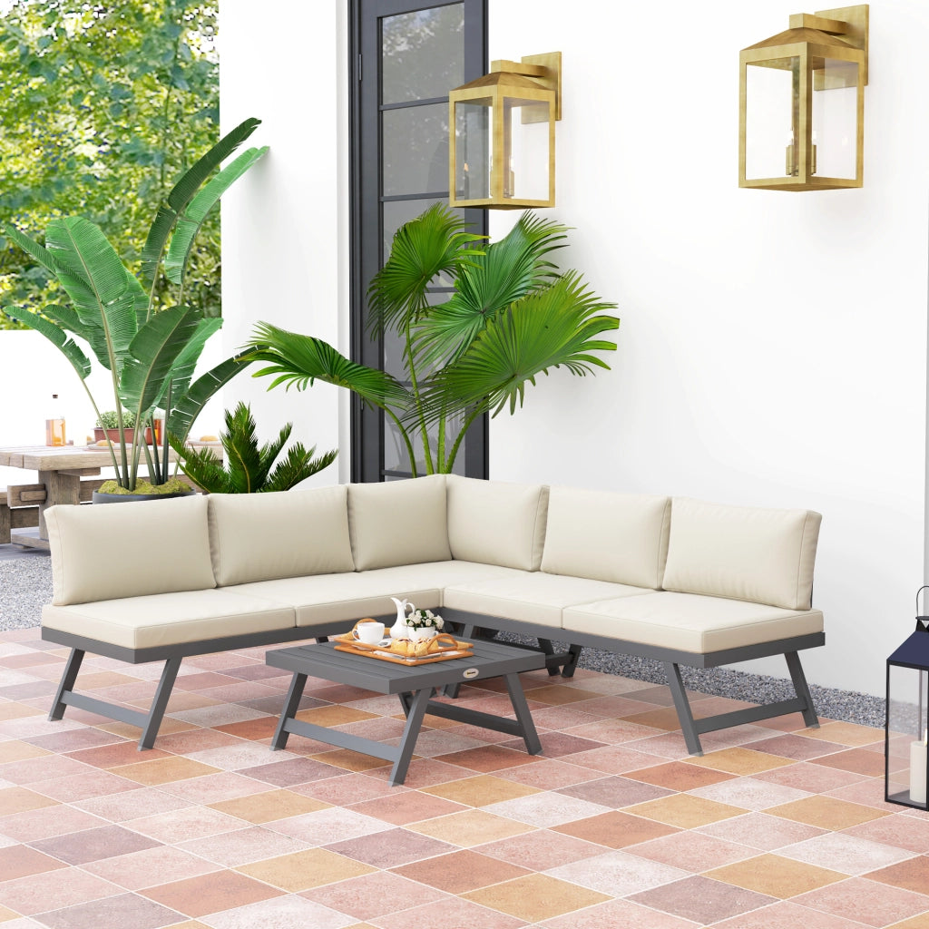 Set divano da giardino angolare e letto 4 pezzi con 2 panche e tavolino ¨C zephmum ¨C polyrattan grigio