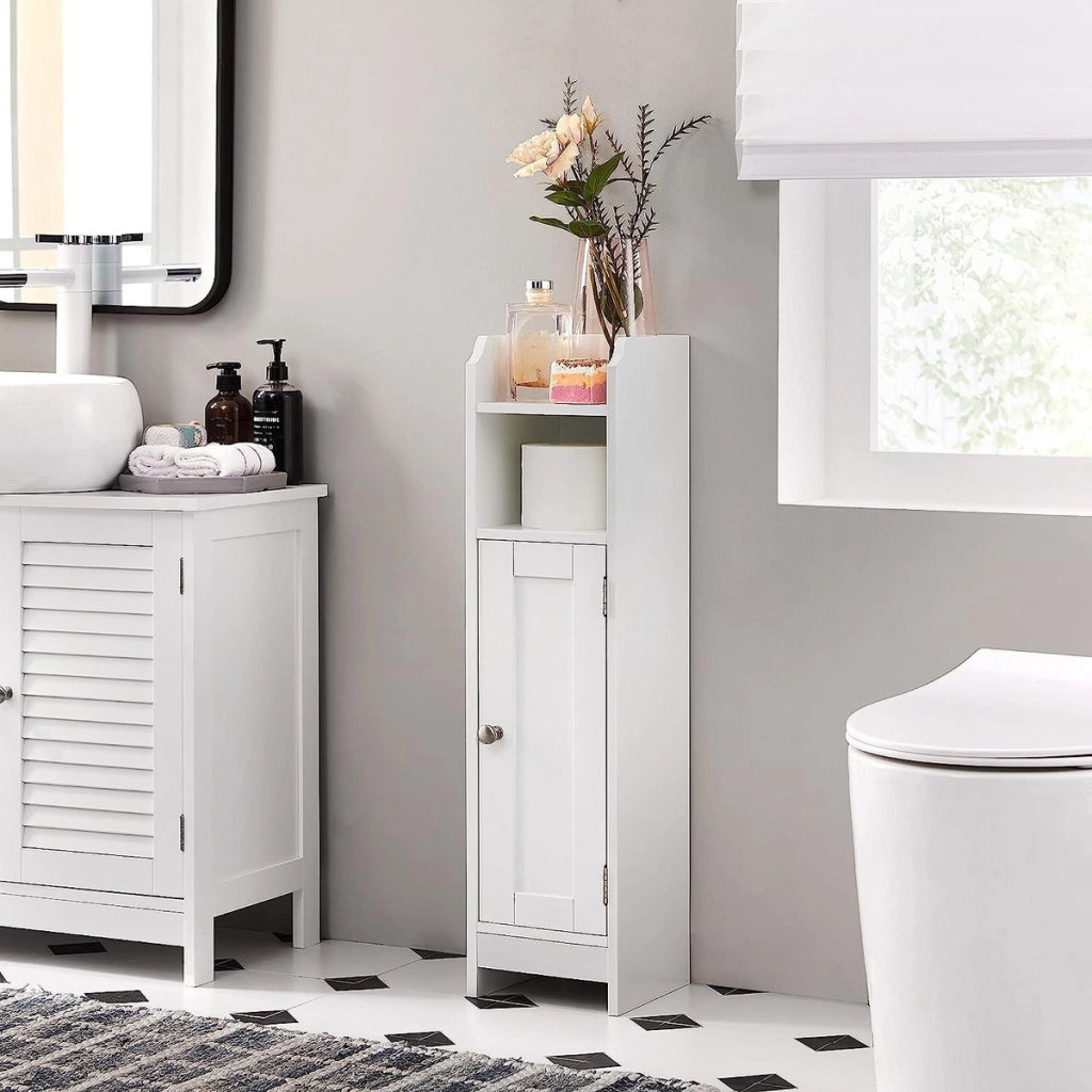 Mobile colonna bagno stretto in MDF bianco con ripiani regolabili