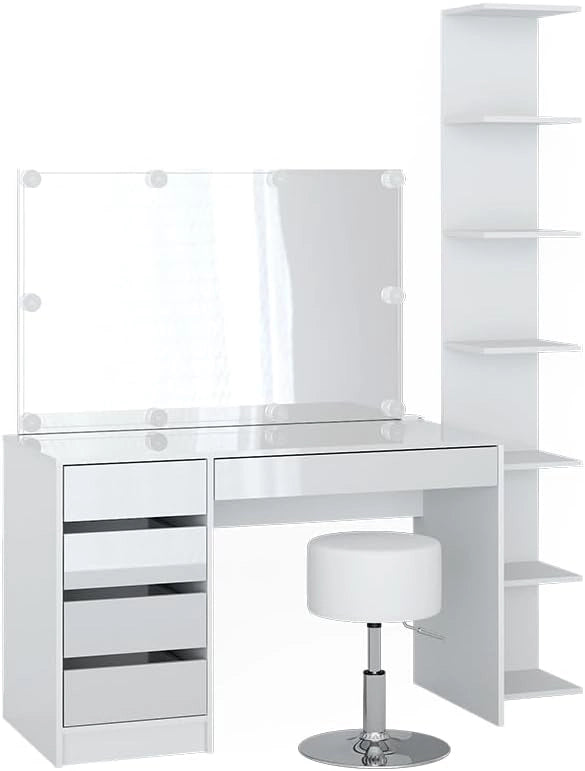 Vicco Tavolino da toilette Sherry, Bianco, 4 pezzi, con ripiano portaoggetti, specchio, sgabello, LED, adatto per l’uso quotidiano con telaio stabile