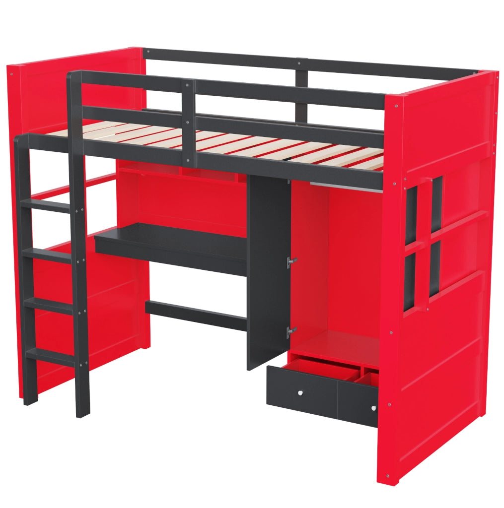 Letto a soppalco ULEVR 90x200 cm nero e rosso con scrivania, armadio, cassetti, LED e prese