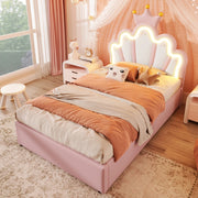 DESMIU Letto Contenitore 90 × 200 cm 1 posto con luce LED, testiera regolabile e senza materasso, in PU, rosa