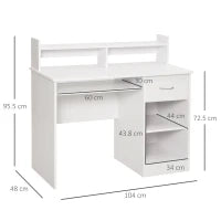 Scrivania per Computer Compatta, Scrivania PC Fisso in Legno Bianco con Ripiano Tastiera Estraibile e Mensole 104x48x95.5cm
