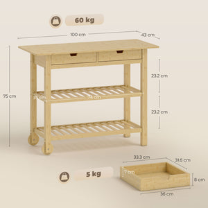 Carrello Cucina 100x43x75 cm con 2 Cassetti 2 Ripiani a Doghe e 2 Rotelle in Legno di Bambù