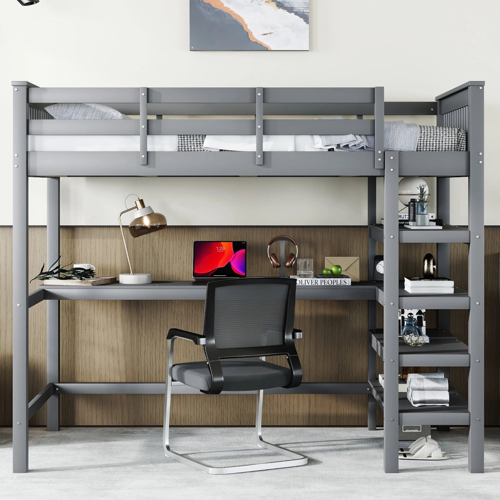 Letto a Soppalco 90 x 200 cm; Letto Singolo con Scrivania; Scaffali e Scala; senza Materasso; Pino e MDF Grigio