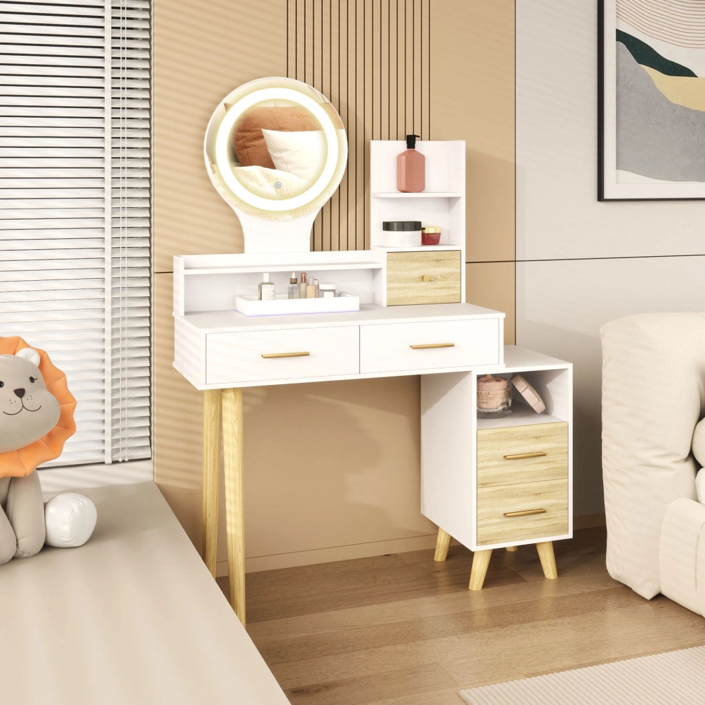 Tocador con Specchio e Luci LED ¨C zephmum ¨C 100x44x137 cm Bianco e Naturale