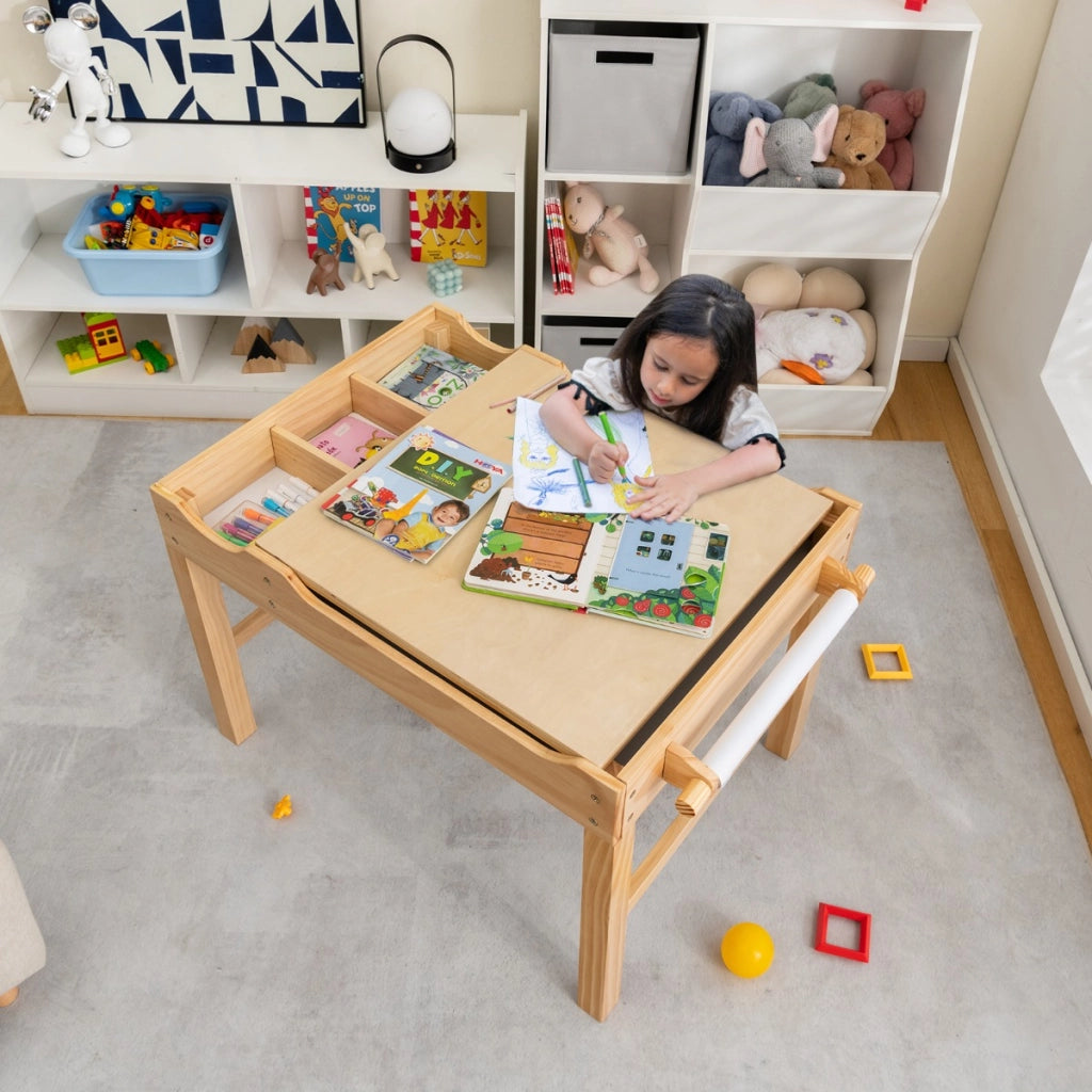 Tavolo multiattivit¨¤ bambini con piano reversibile porta rotolo di carta da disegno, Tavolo costruzioni Naturale-Tavoli e sedie