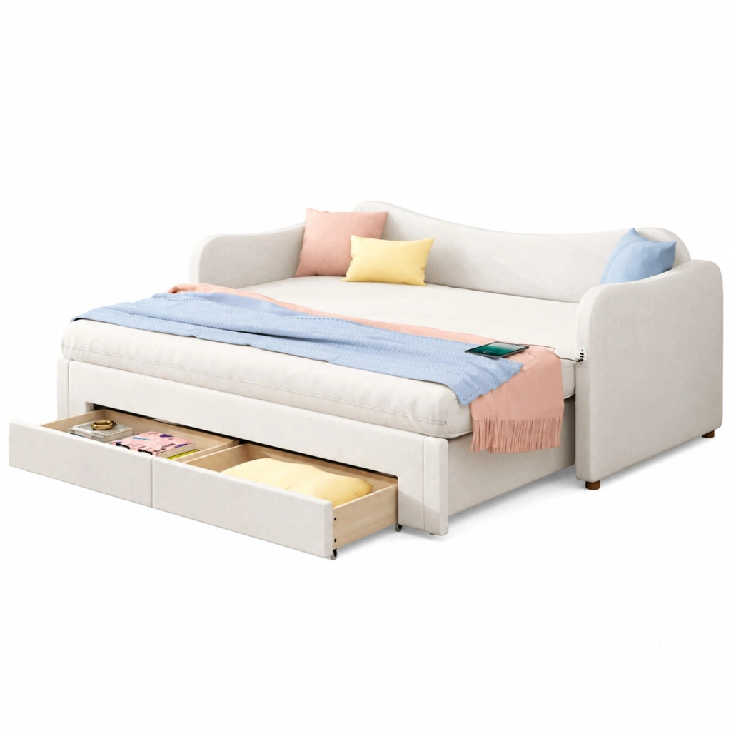 Letto imbottito estraibile 90x200 cm in velluto beige con 2 cassetti, porta USB e USB-C