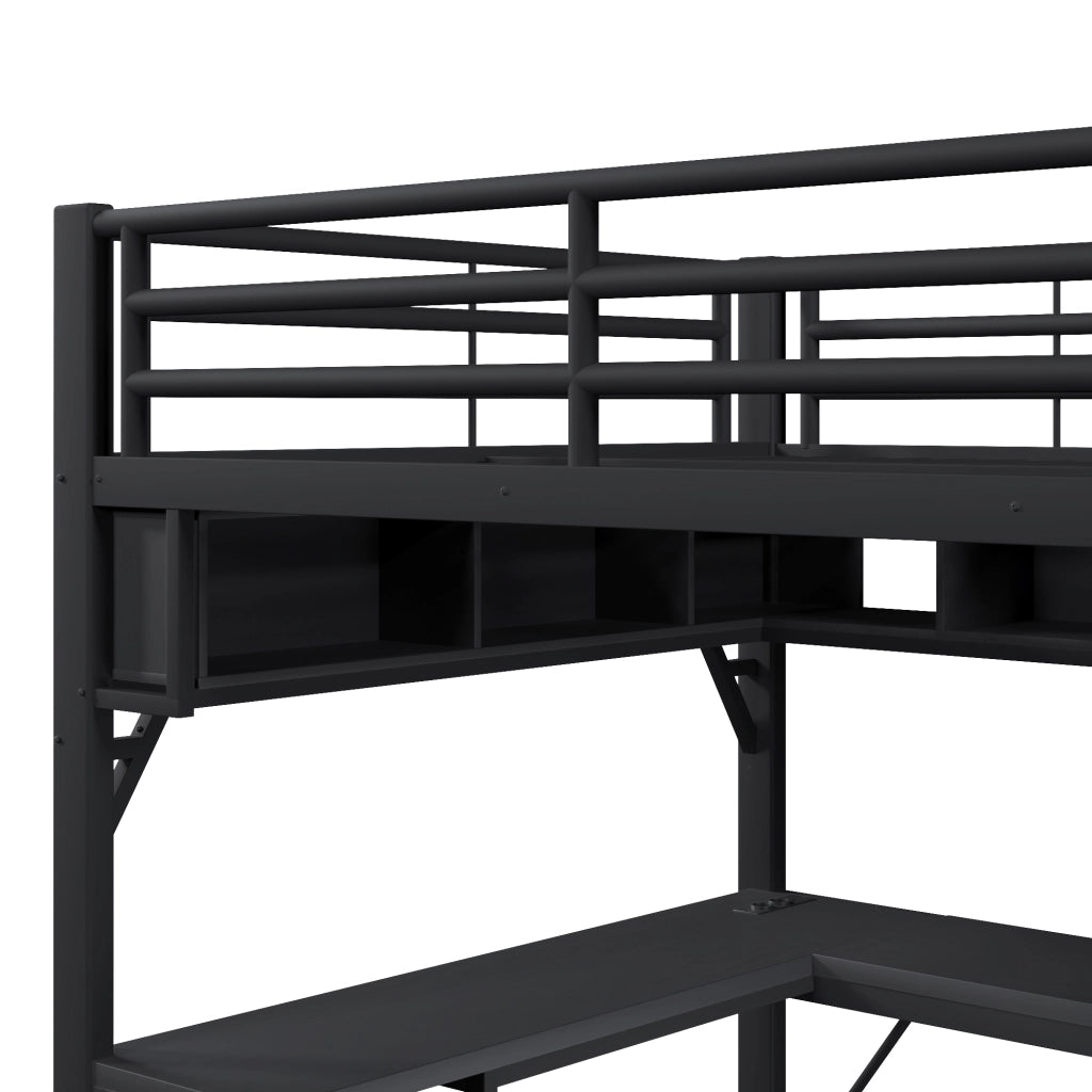 Letto a Soppalco 140x200 cm; Letto Singolo - Scrivania; LED e USB - Nero