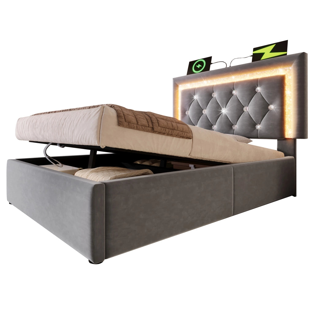 Letto singolo – 90x200 cm – LED diamante USBC cassone idraulico – velluto grigio