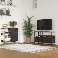 Mobile Porta TV da 47" con Cassetti Pieghevoli in Tessuto e Mensola, Mobiletto TV in Metallo e MDF, 98x29x56cm, Marrone Rustico