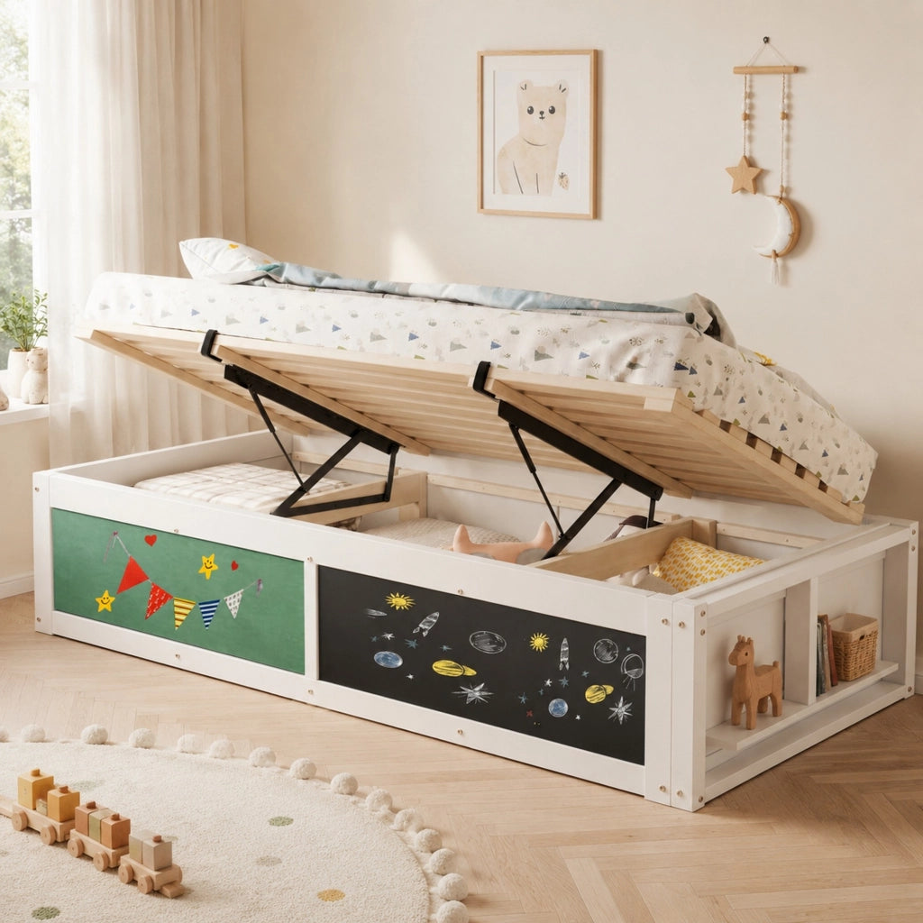 Letto per bambini multifunzione 90x200 cm con contenitore idraulico; lavagna e pannello in feltro; bianco