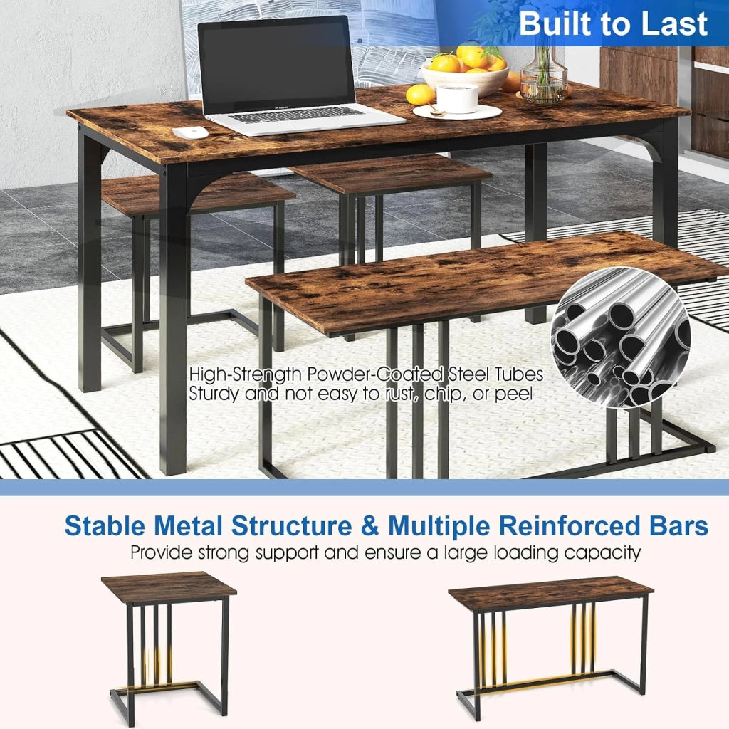 Set tavolo e sedia da pranzo 4 pezzi, tavolo da cucina 4 persone 120 x 60 x 75 con 1 panca e 2 sgabelli, struttura in metallo, per sala da pranzo, soggiorno, caffè (marrone)