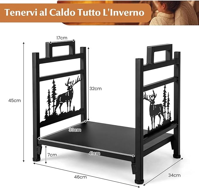 Porta Legna in Metallo, Portalegna con Doppia Impugnatura, Base Solida e Motivi Adorabili di Cervi e Alberi, Legnaia da Interno Esterno, Installazione Senza Attrezzi, Portata 60 kg