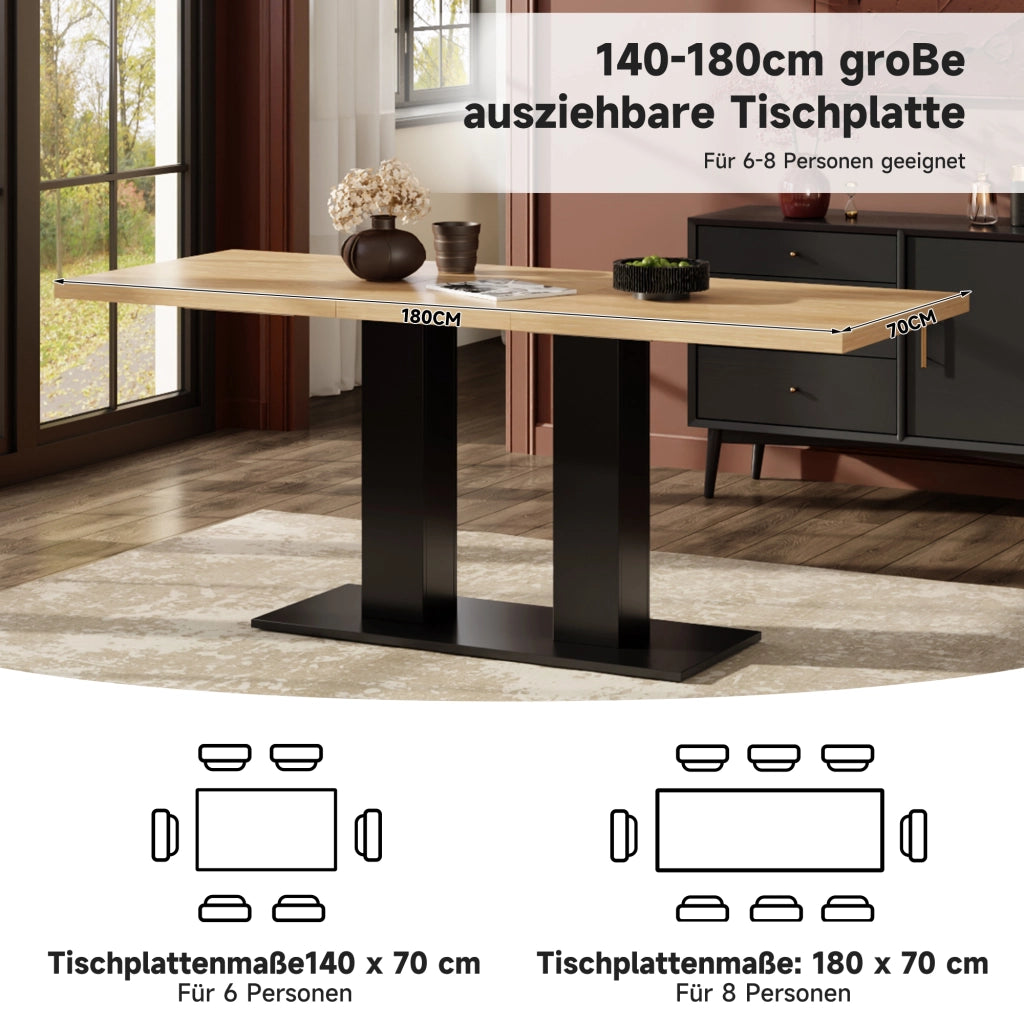 Tavolo allungabile, 140/180 × 70 cm, per 6-8 persone, color rovere, nero