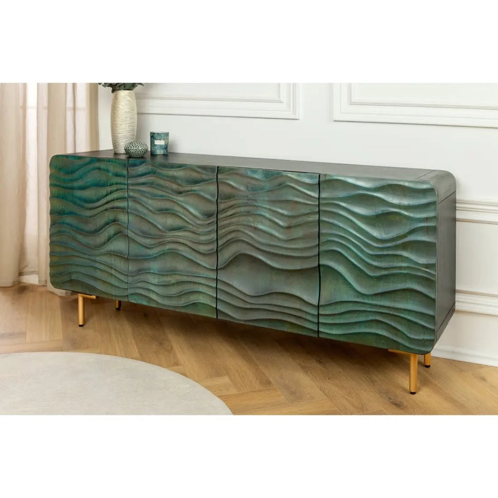 Buffet ONDARA 160 cm – Legno Massiccio Verde Scolpito – Piedi Dorati – Design Contemporaneo