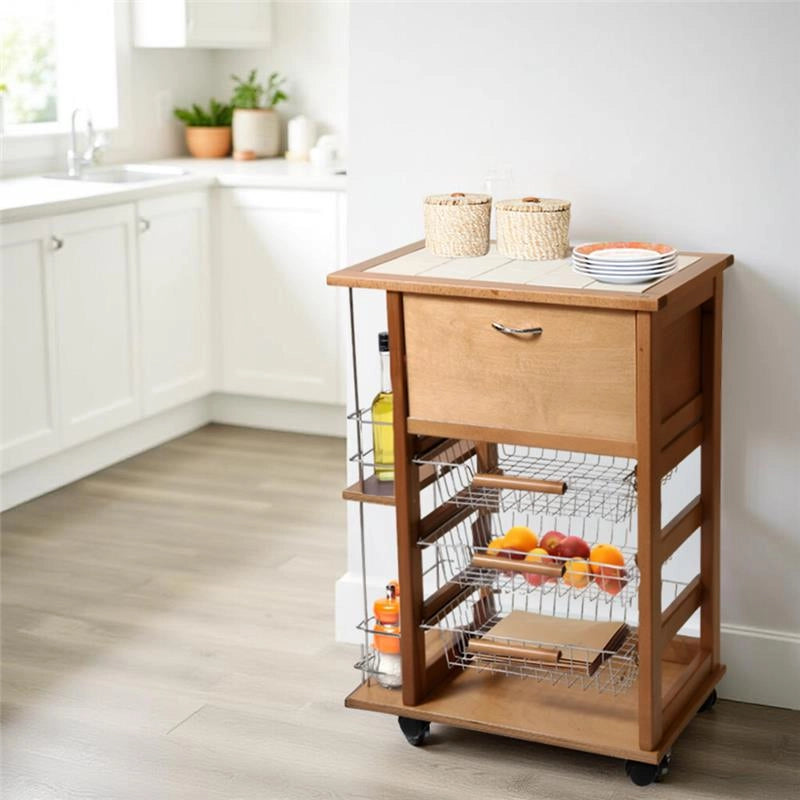 CARRELLO VESUVIO PORTAPANE+PORTABOTTIGLIE ROVERE IN FAGGIO BASE INFERIORE MULTISTRATO DI BETULLA 1 CASSETTO 3 CESTELLI PIANO MATTONELLE IN CERAMICA